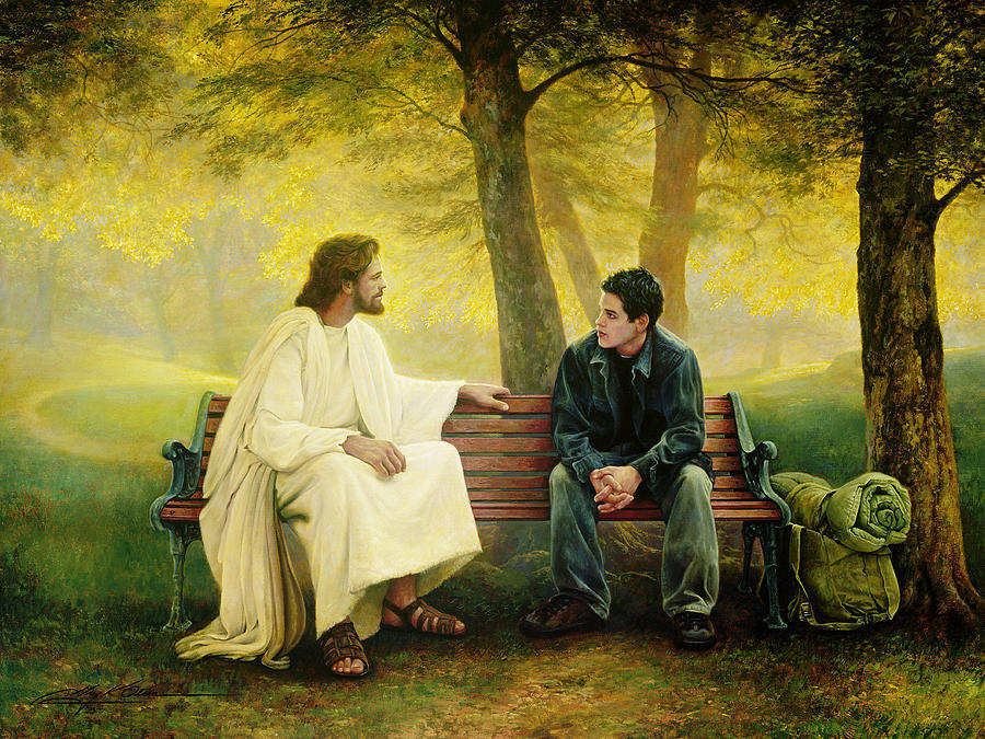Jesus and young man sitting on a bench together